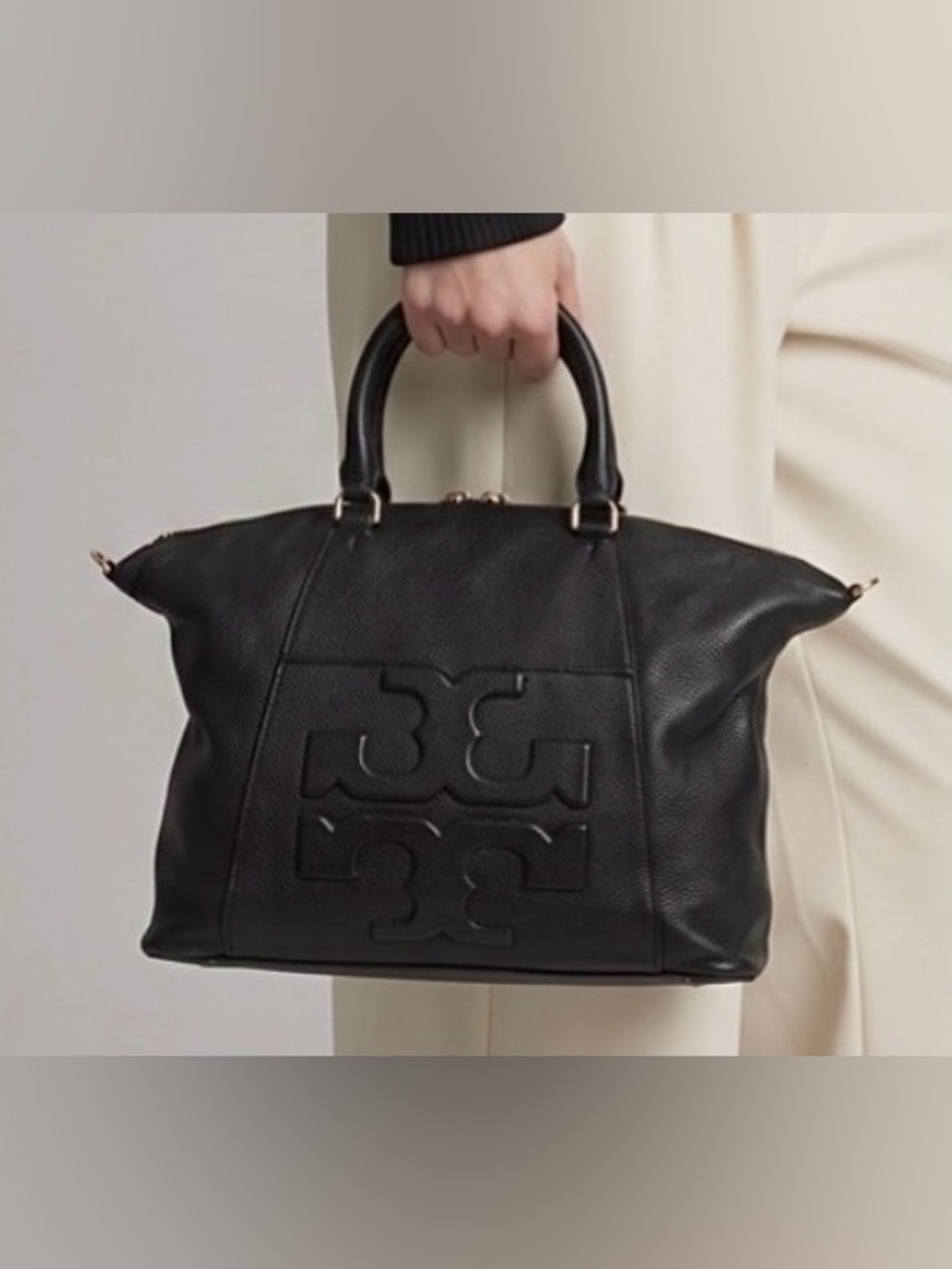 Tory Burch Bombe T Slouchy Satchel Soft Pebbled Leather Black VGUC